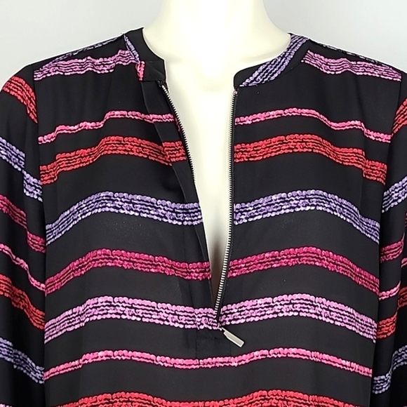 ⭐️3/ $3⭐️ APT. 9 Black Pink Purple Stripes Roll-Up Sleeves Zip Crew Collar Sz M - Picture 4 of 15